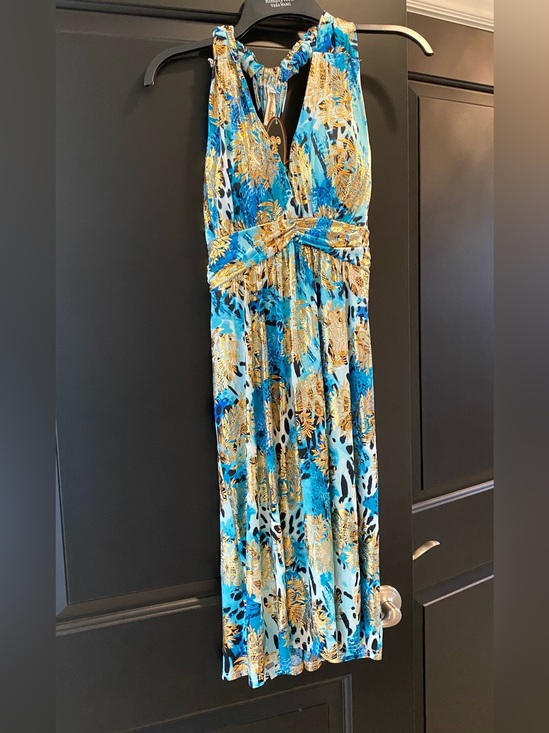 Dresses & Skirts - Tropical Blue & Gold Printed Halter dress